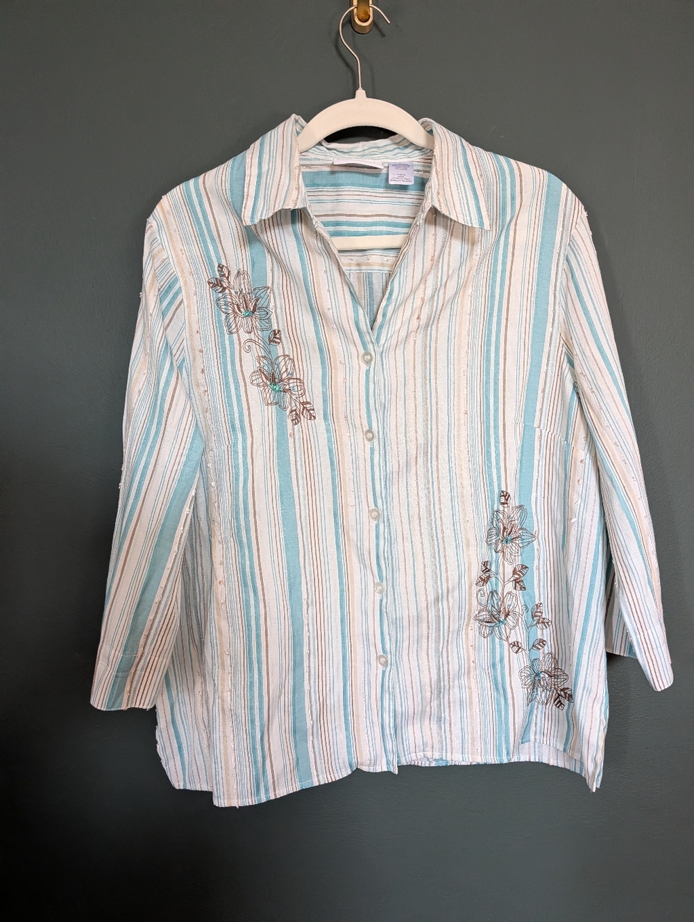 Alfred Dunner Striped Button-Up Shirt in Teal, White & Beige With Embroidery 💛